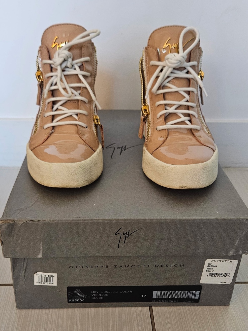 Giuseppe Zanotti Blush Patent Leather High-Top Sneakers with Gold Zippers